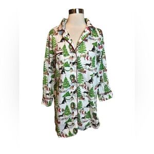 Jayes Studio Sleep Shirt Sateen Cotton Small Christmas Dogs Button Down Pajamas